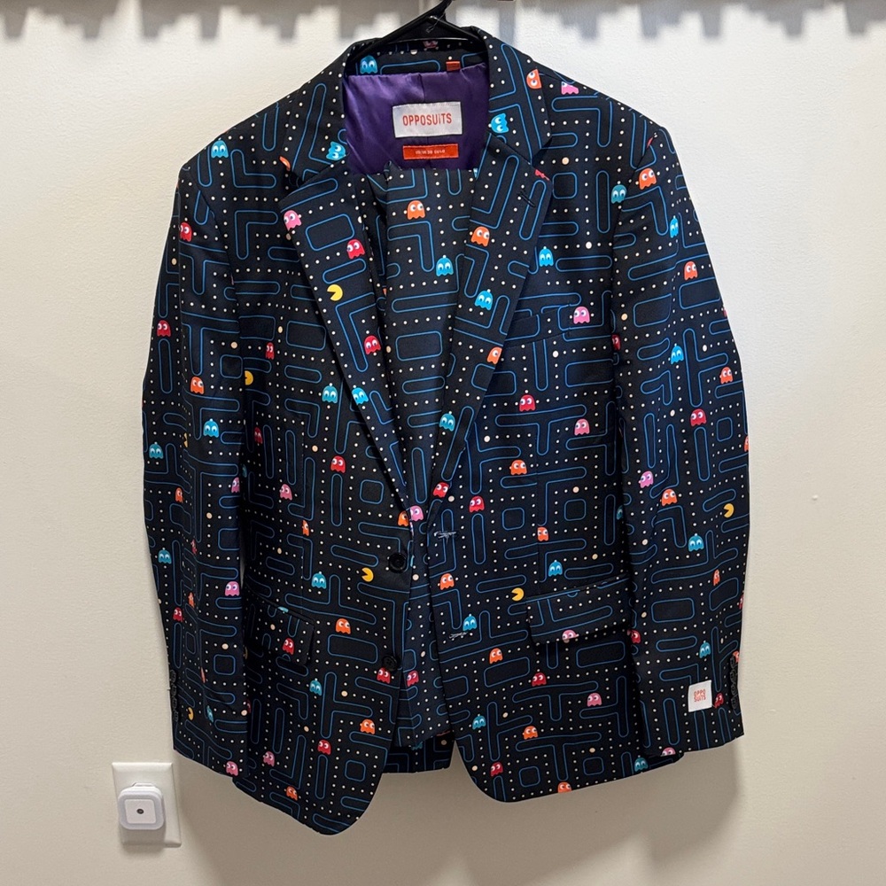 OppoSuits Black Pac-Man Maze Print Blazer with Colorful Game Icons
